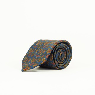 Jedwabny niebieski krawat z motywem paisley w stylu ancient madder