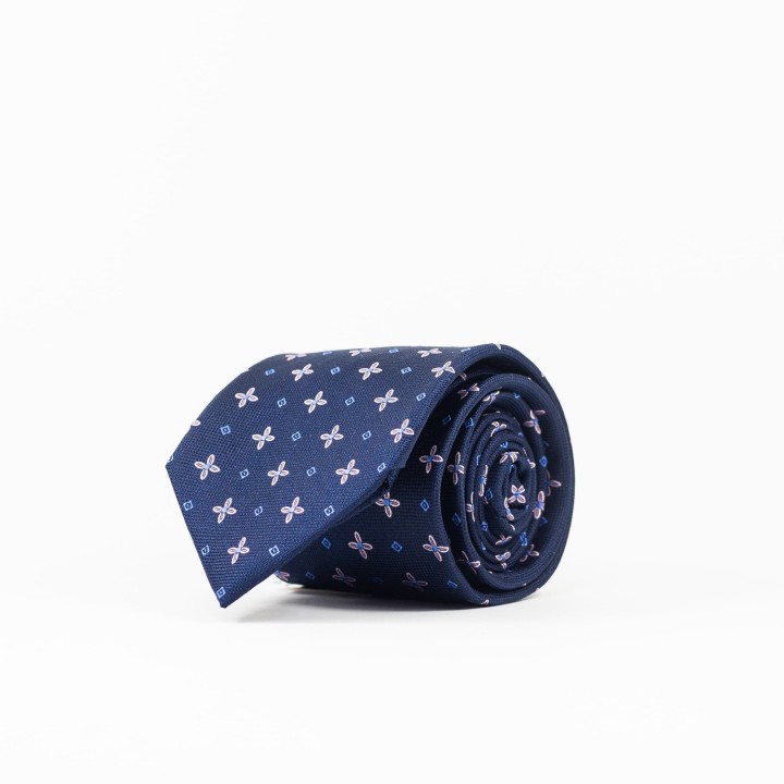 Jedwabny granatowy krawat z wzorem florystycznym